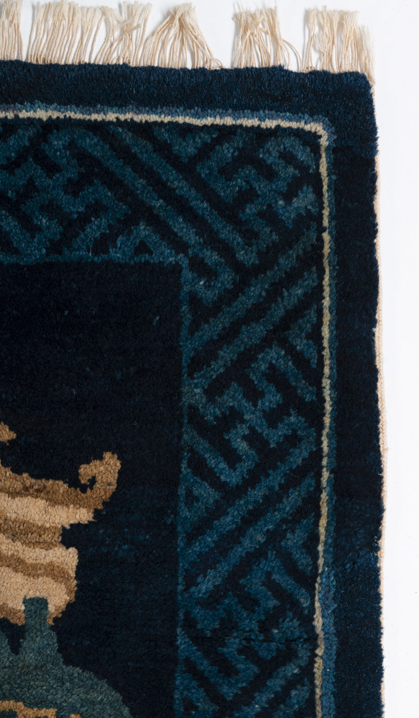 THREE DARK BLUE CARPETS DEPICTING ANTIQUES AND 'CRANE AND DEER' SYMBOLS - Image 8 of 12