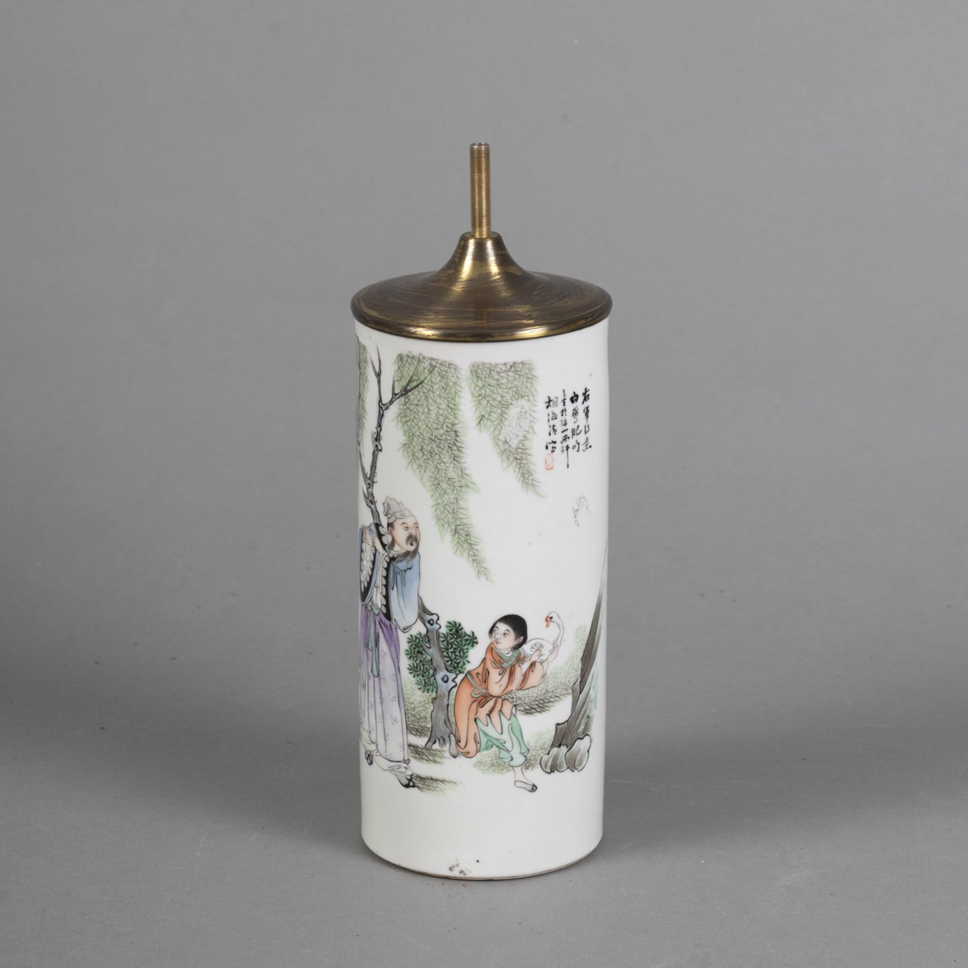 A CYLINDRICAL POLYCHROME PAINTED PORCELAIN HAT STAND DEPICTING 'WANG XIZHI AND HIS GOOSE'