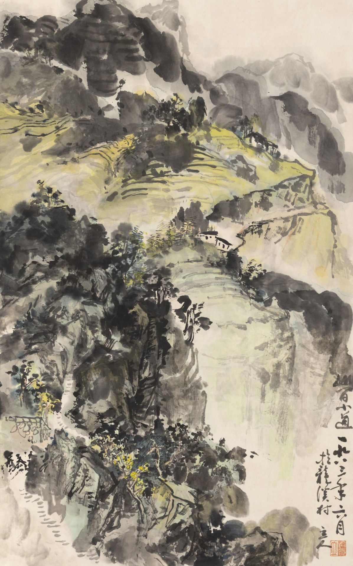 Malerei einer Berglandschaft in Longxi-Dorf, Tusche und Farben auf Papier, als Hängerolle montiert