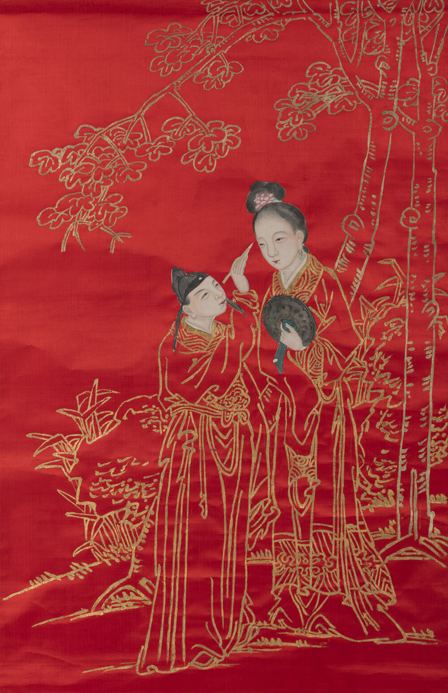 A HANGING SCROLL DEPICTING A WEEDING COUPLE AT MAKING-UP UNDER A WUTONG TREE