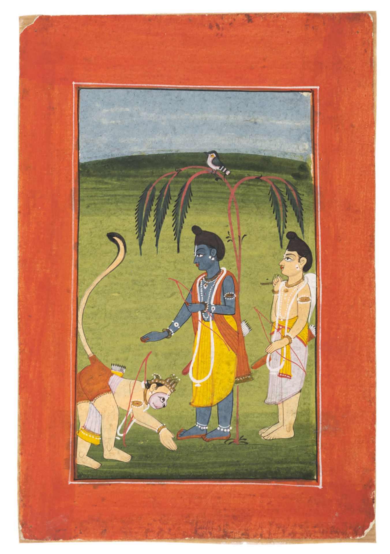 TWO POLYCHROME GOUACHE PAINTINGS DEPICTING GANESHA AND HANUMAN WITH KRISHNA - Image 3 of 3