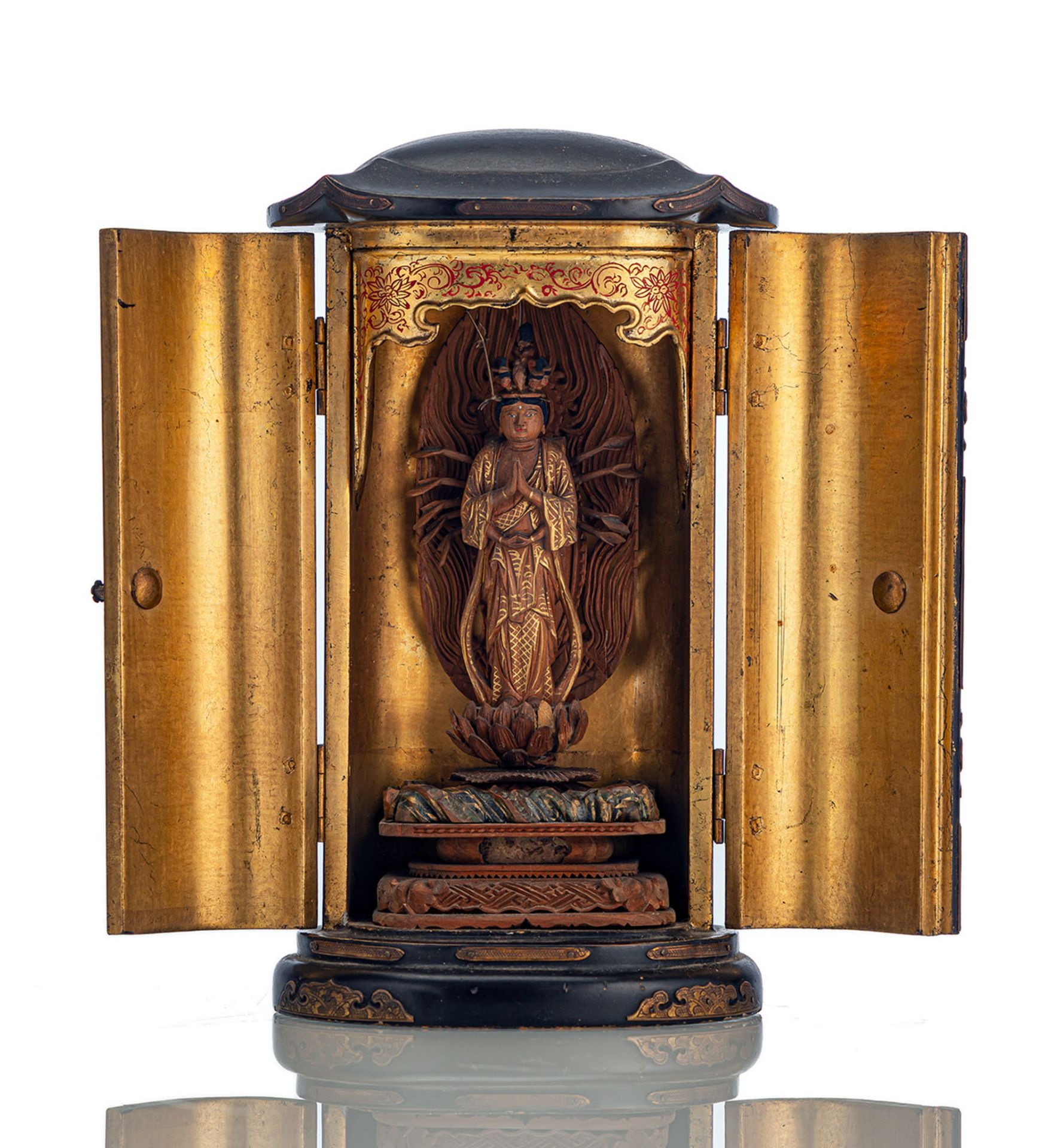 A POLYCHROME AND GILT-LACQUERED WOOD SHRINE WITH KANNON