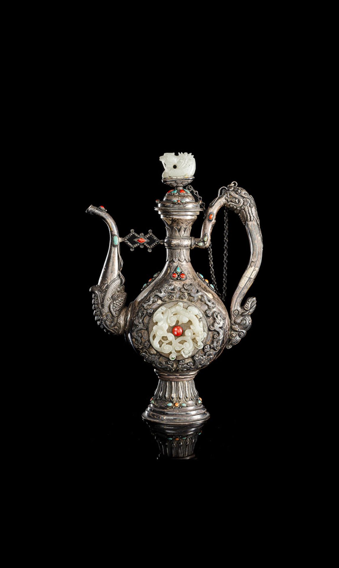 A JADE AND SEMI-PRECIOUS INLAID SILVER EWER