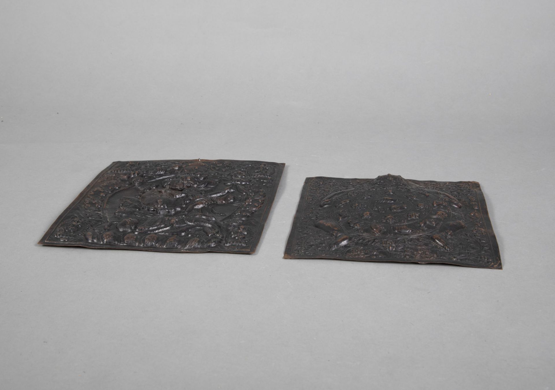 TWO EMBOSSED COPPER RECTANGULAR PLAQUES DEPICTING YAMA AND THE WHEEL OF LIFE - Image 2 of 3