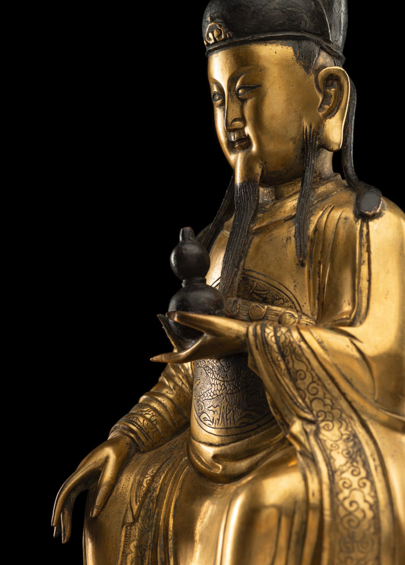 Seltene und große feuervergoldete Bronze des Königs der Medizin 'Yaowang' - Bild 3 aus 9