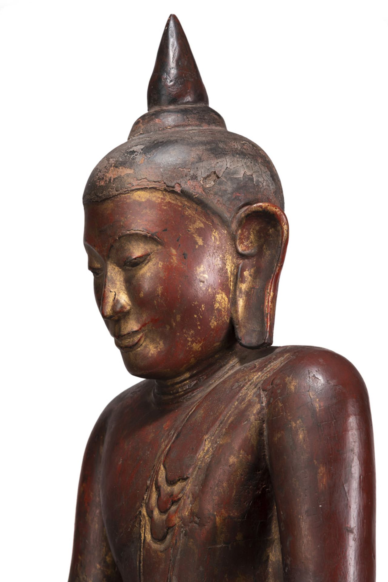 Große Skulptur des stehenden Buddha Shakyamuni aus Holz mit roter Lackfassung - Bild 2 aus 5