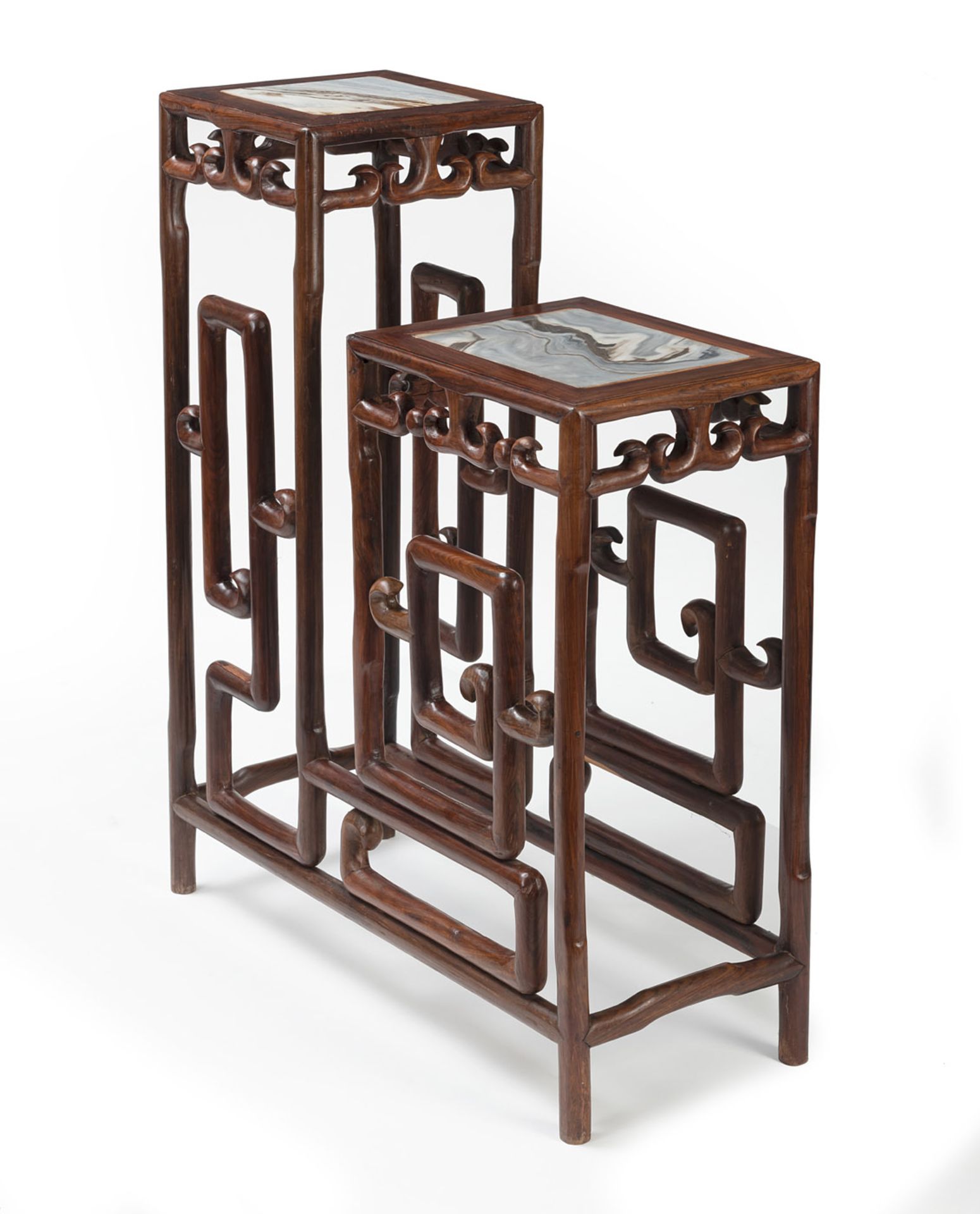 A TWO-TIERED 'DREAMSTONE'-INLAID WOOD STAND - Image 2 of 5