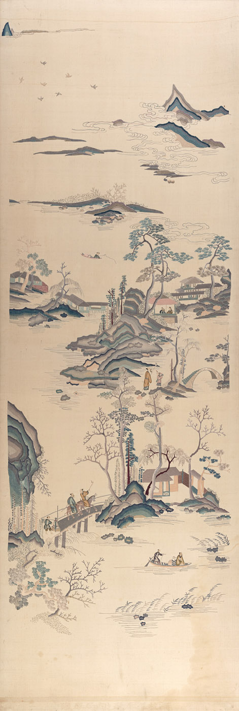 A SILK EMBROIDERY AFTER A PAINTING WITH FIGURES IN A LANDSCAPE