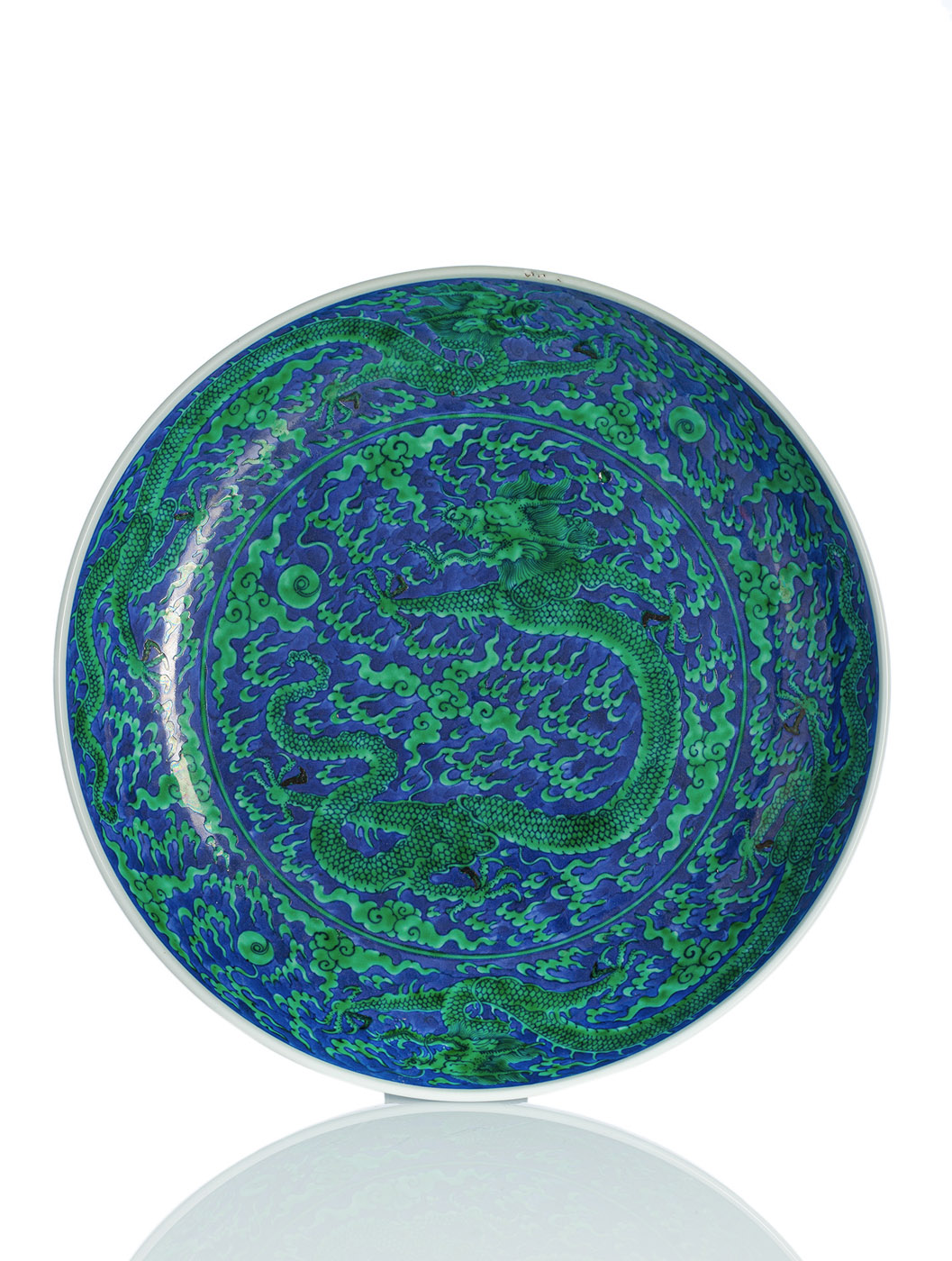 A LARGE BLUE-GROUND GREEN DRAGON DISH