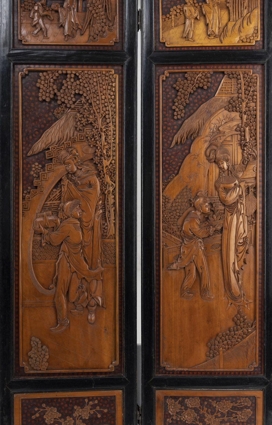 A RELIEF CARVED FIGURAL SCENES FOUR-PART SCREEN - Image 3 of 5