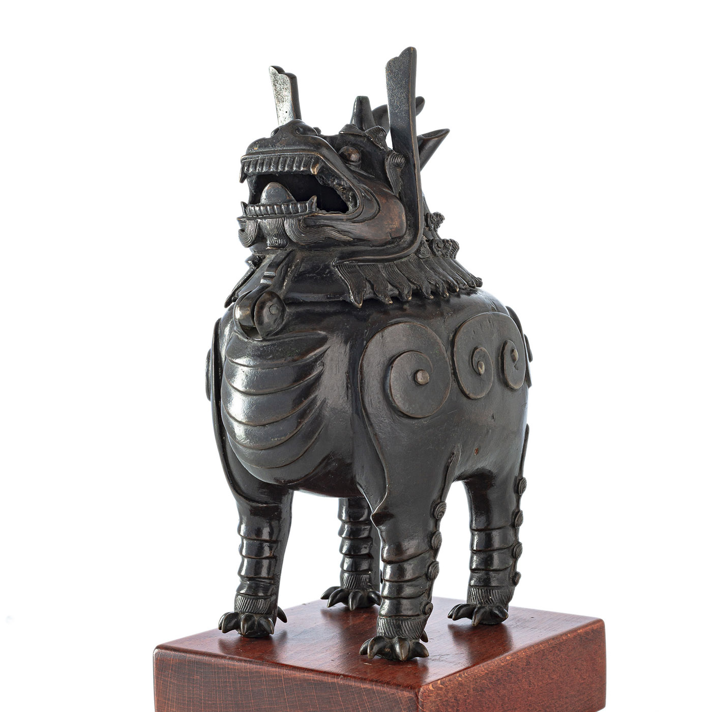 A BRONZE CENSER IN FORM OF A STANDING LUDUAN ON WOOD STAND