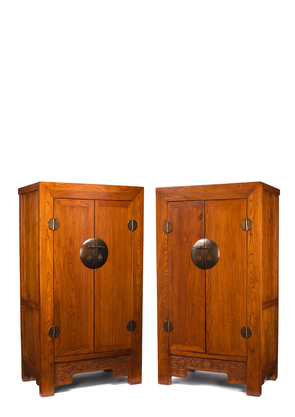 A PAIR OF WOODEN CABINETS WITH BRONZE FITTINGS, THE LOWER APRONS CARVED WIITH 'SHOU' CHARACTERS AND