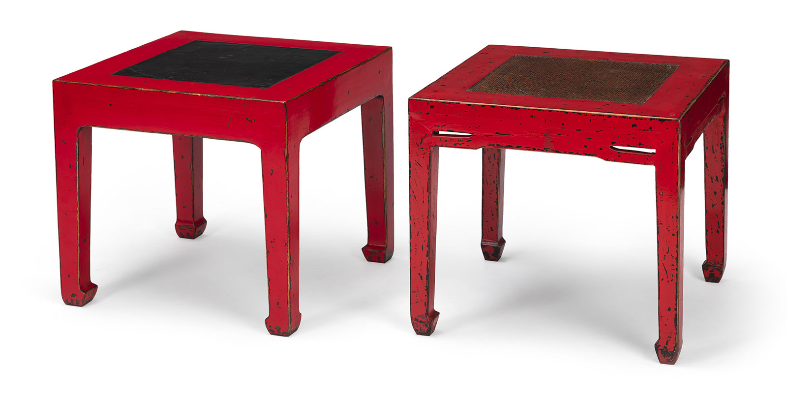 TWO SQUARE WOODEN STOOLS, PARTLY RED LACQUERED