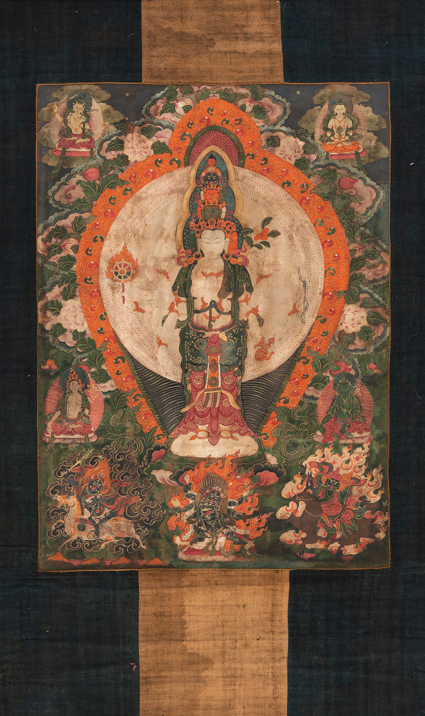 A GROUP OF FOUR THANGKA OR TSAGLI, WITH VAISHRAVANA AND AVALOKITESHVARA, PARTLY MOUNTED - Image 9 of 9