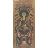 Anonyme Malerei des Buddha Shakyamuni in Begleitung von Ananda und Kashyapa