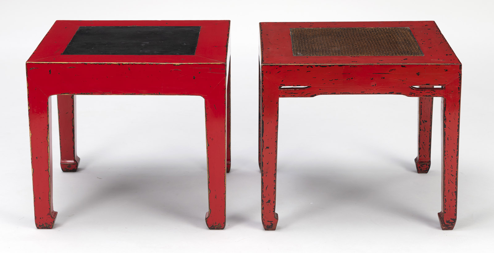 TWO SQUARE WOODEN STOOLS, PARTLY RED LACQUERED - Image 3 of 6