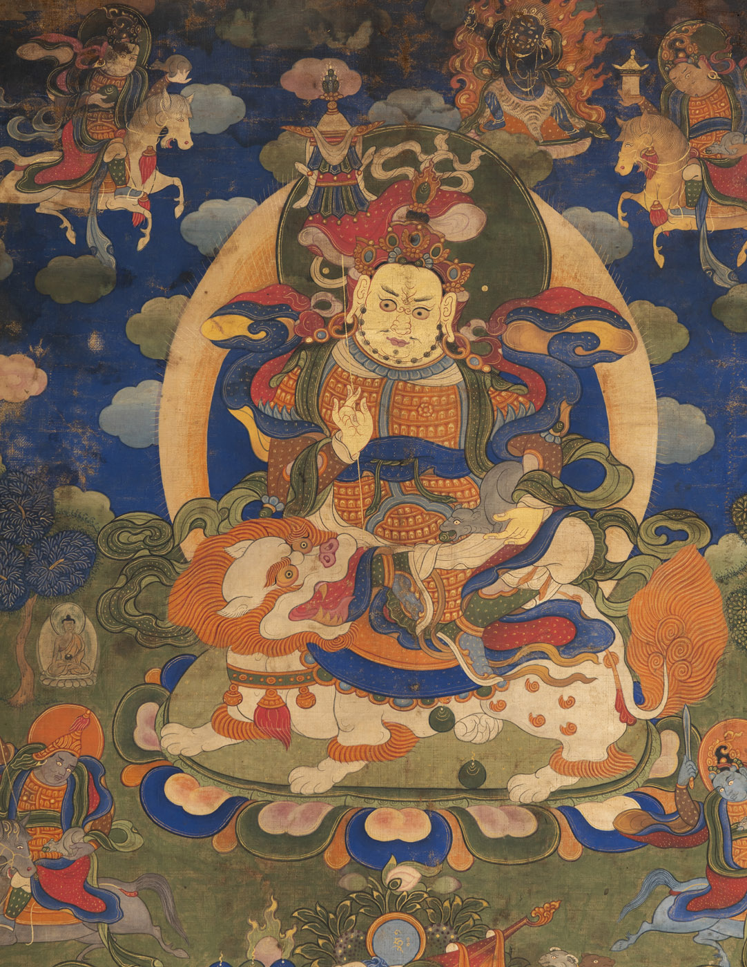 A GROUP OF FOUR THANGKA OR TSAGLI, WITH VAISHRAVANA AND AVALOKITESHVARA, PARTLY MOUNTED - Image 3 of 9