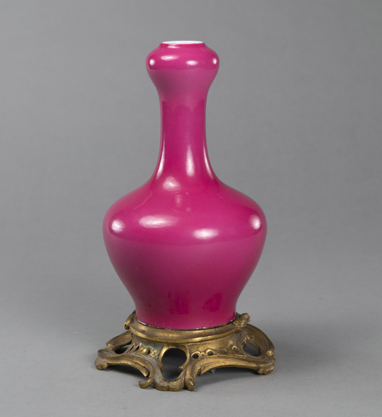 A PUCE-GLAZED ORMOLU-MOUNTED GARLIC HEAD VASE