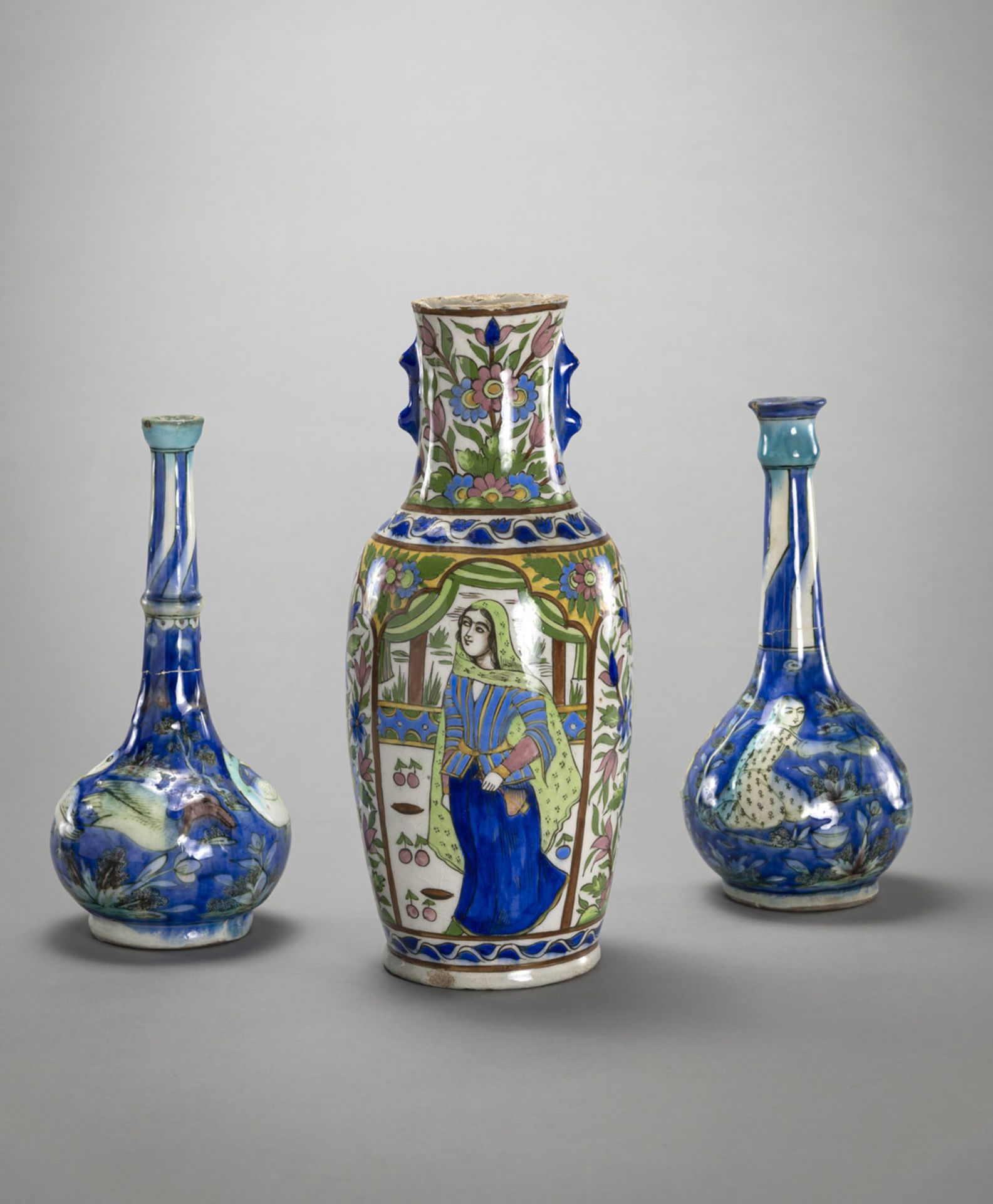 TWO POLYCHROME PAINTED AND MOULDED POTTERY FASKS AND A POLYCHROME PAINTED VASE - Image 2 of 4