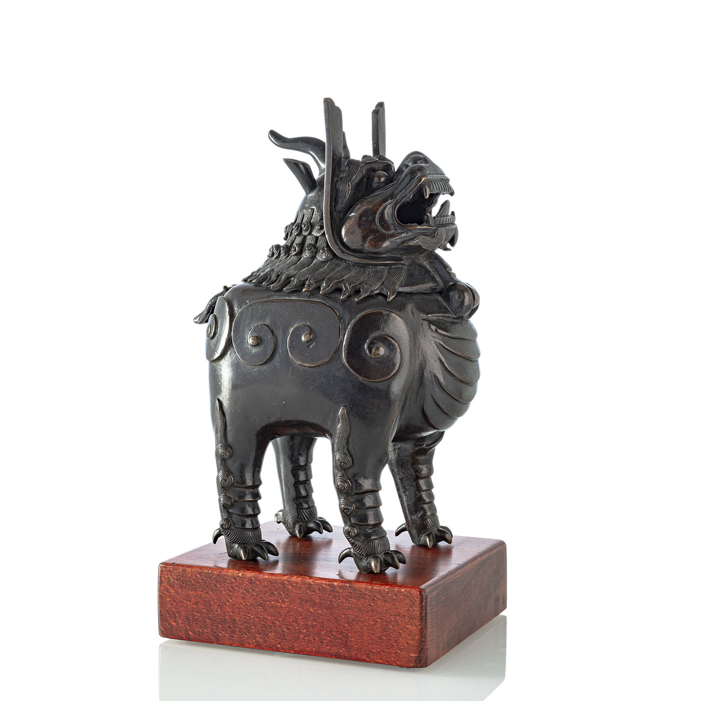 A BRONZE CENSER IN FORM OF A STANDING LUDUAN ON WOOD STAND - Image 2 of 2