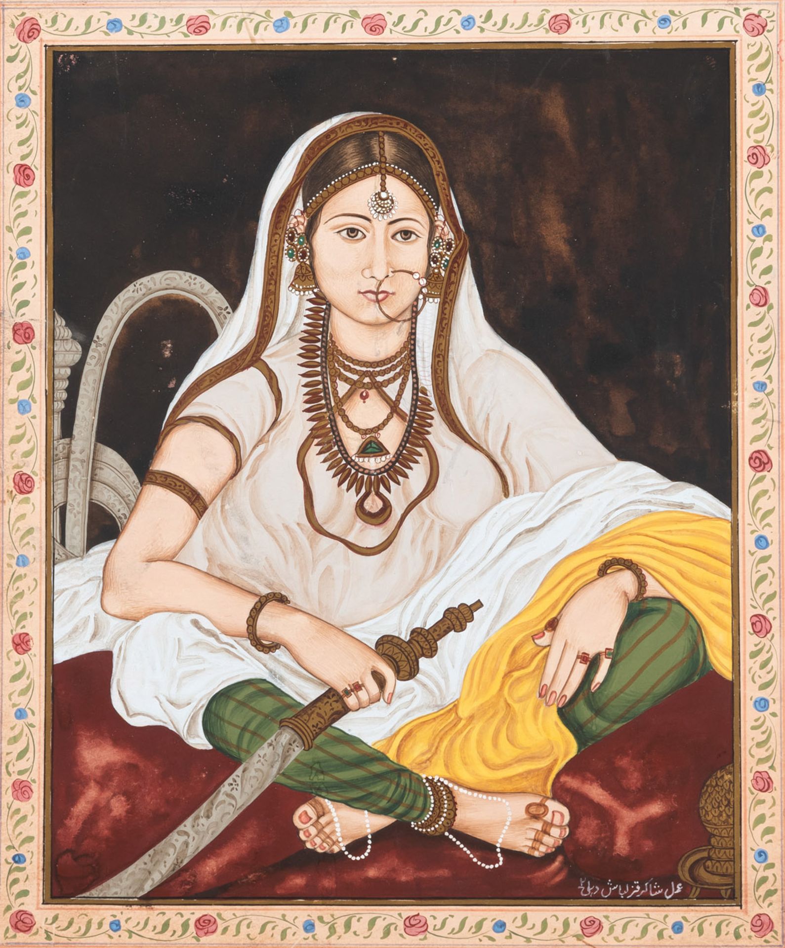 A MINIATURE PAINTING DEPICTING A FEMALE DANCER; SIGNED AMAL SHAKIR