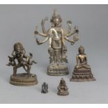 Fünf Bronzefiguren des Buddha, Kubera, Syamatara u. a.