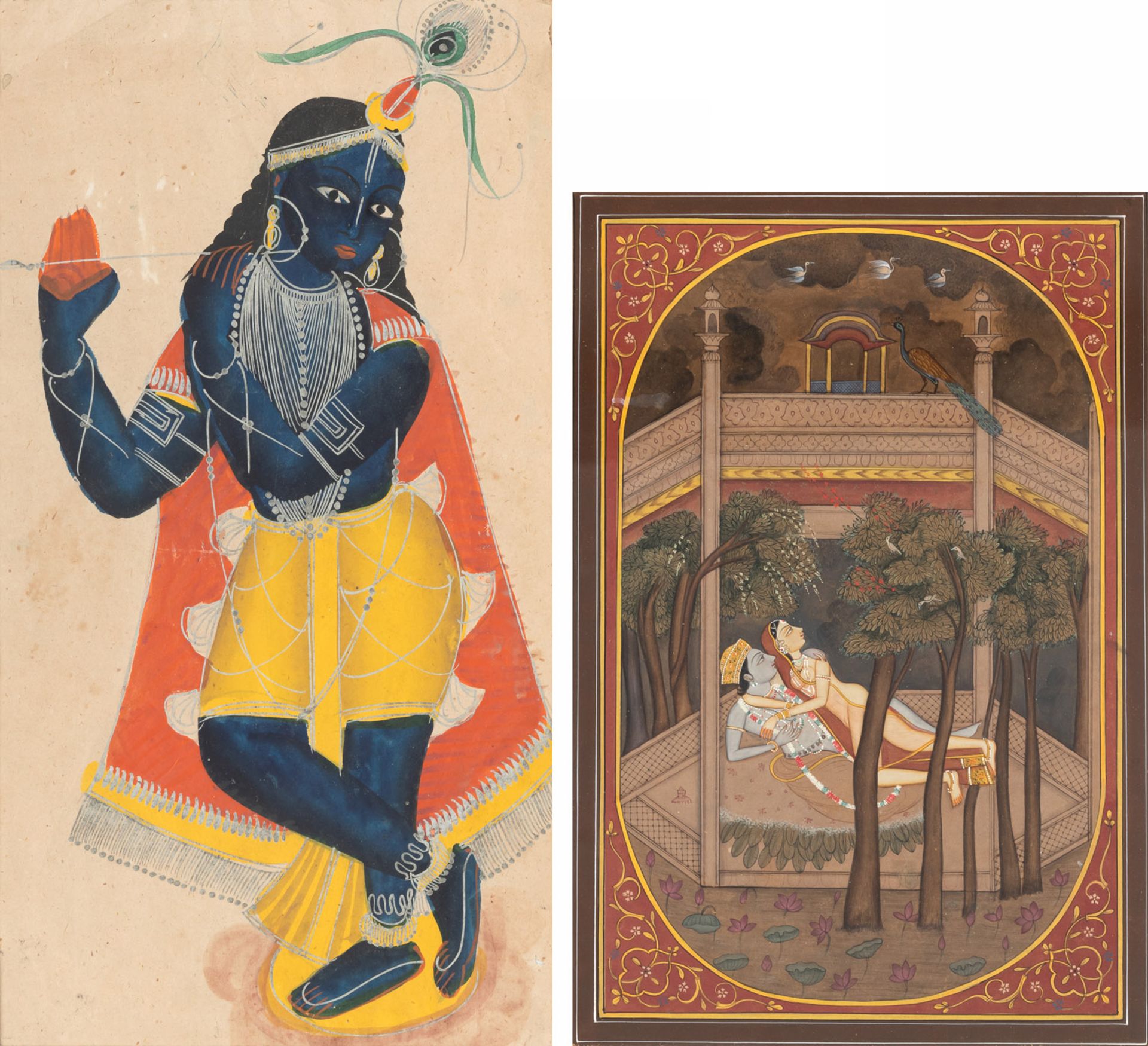 TWO POLYCHROME PAINTINGS DEPICTING KRISHNA AND KRISHNA WITH LAKSHMI