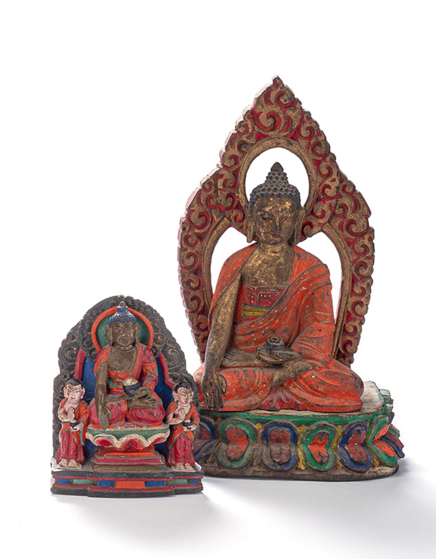 Skulptur des historischen Buddha Shakyamuni; Buddha Shakyamuni mit seinen Beiden Schülern und Buddh