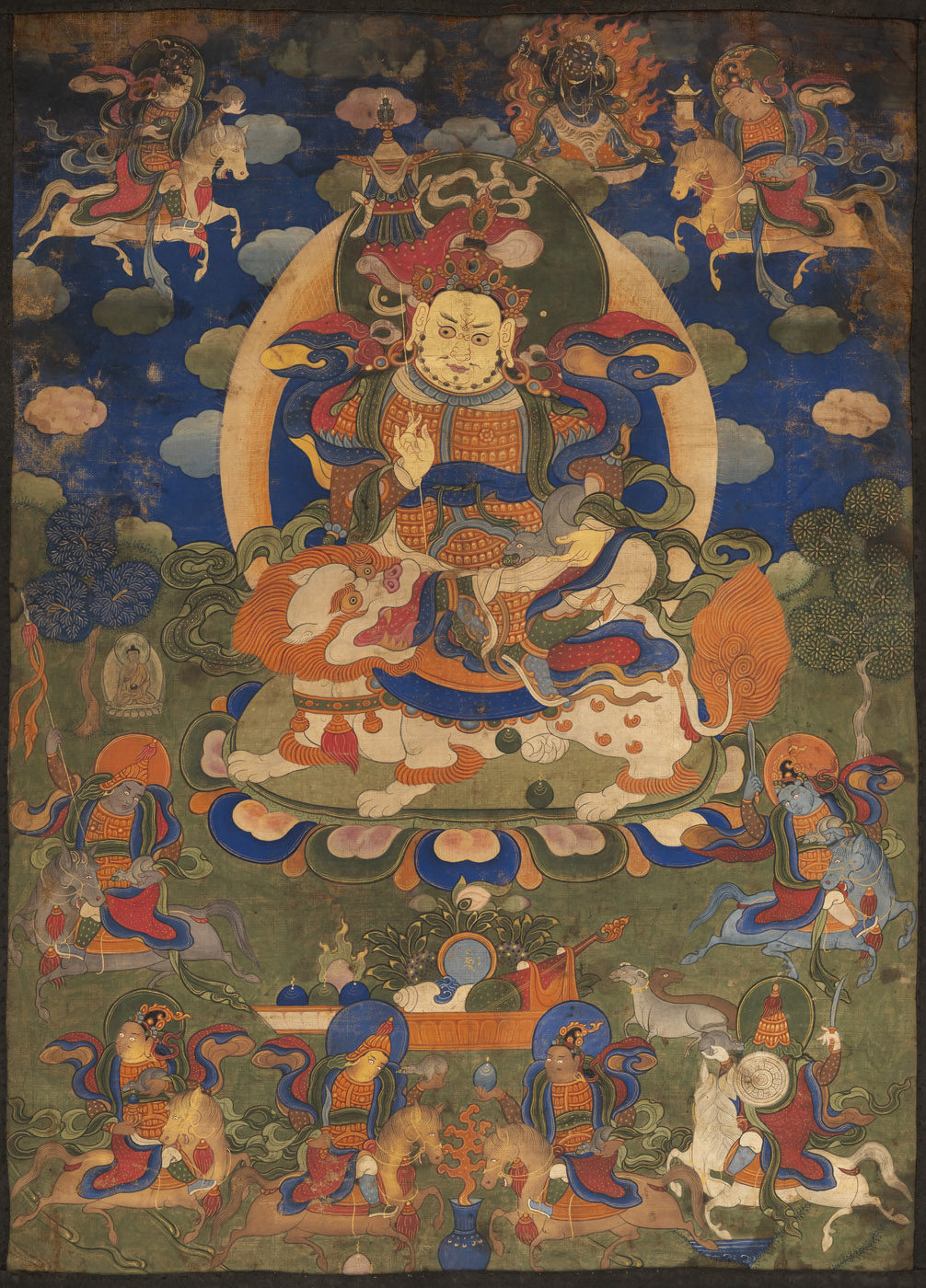 A GROUP OF FOUR THANGKA OR TSAGLI, WITH VAISHRAVANA AND AVALOKITESHVARA, PARTLY MOUNTED - Image 2 of 9