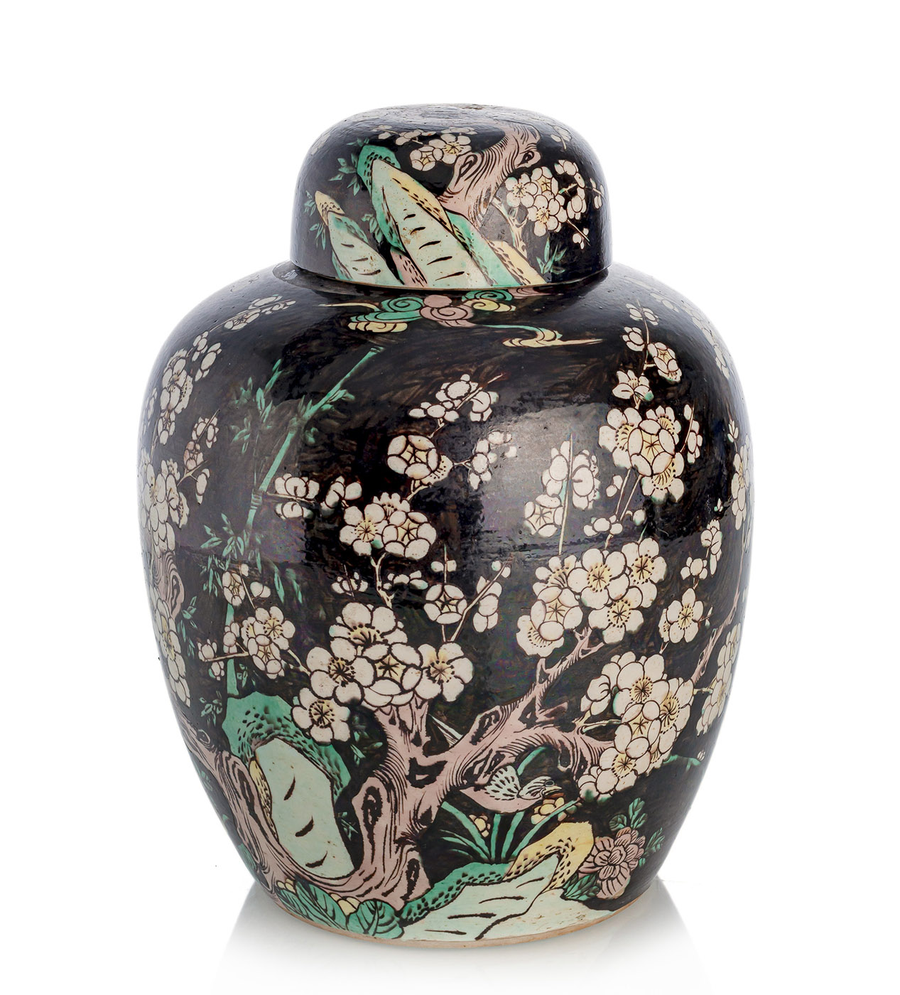 A 'FAMILLE NOIRE' PRUNUS, ROCKS, AND BIRDS VASE AND COVER