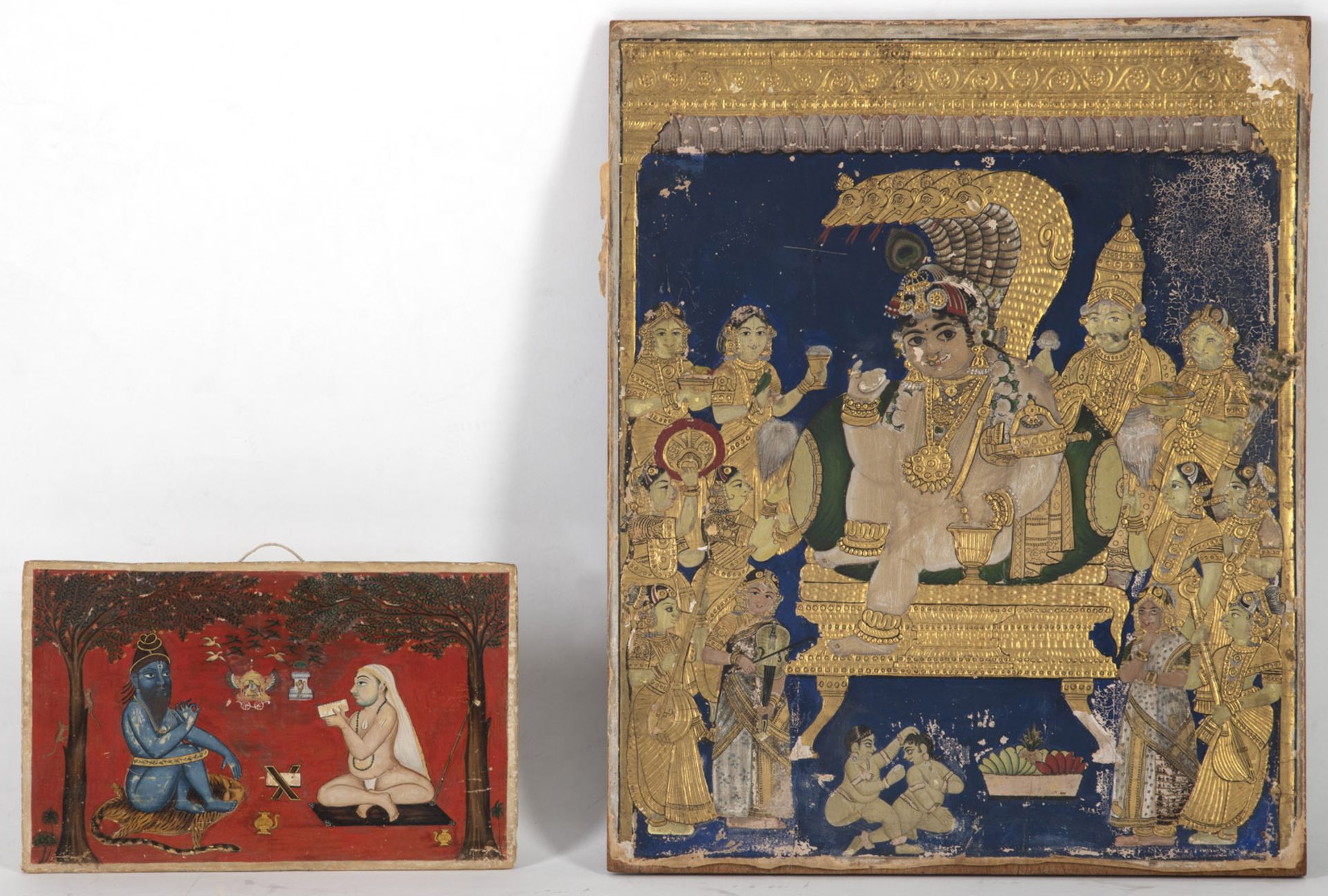 TWO POLYCHROME PAINTINGS ON WOOD DEPICTING KRISHNA AND LAKSHMI - Image 2 of 3