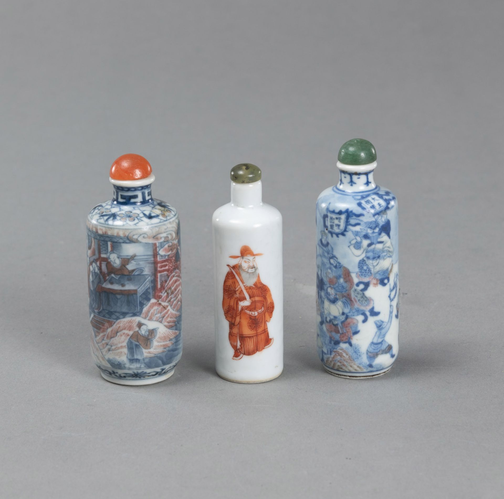 THREE UNDERGLAZE-BLUE AND IRON-RED DECORATED PORCELAIN SNUFFBOTTLES - Image 2 of 3