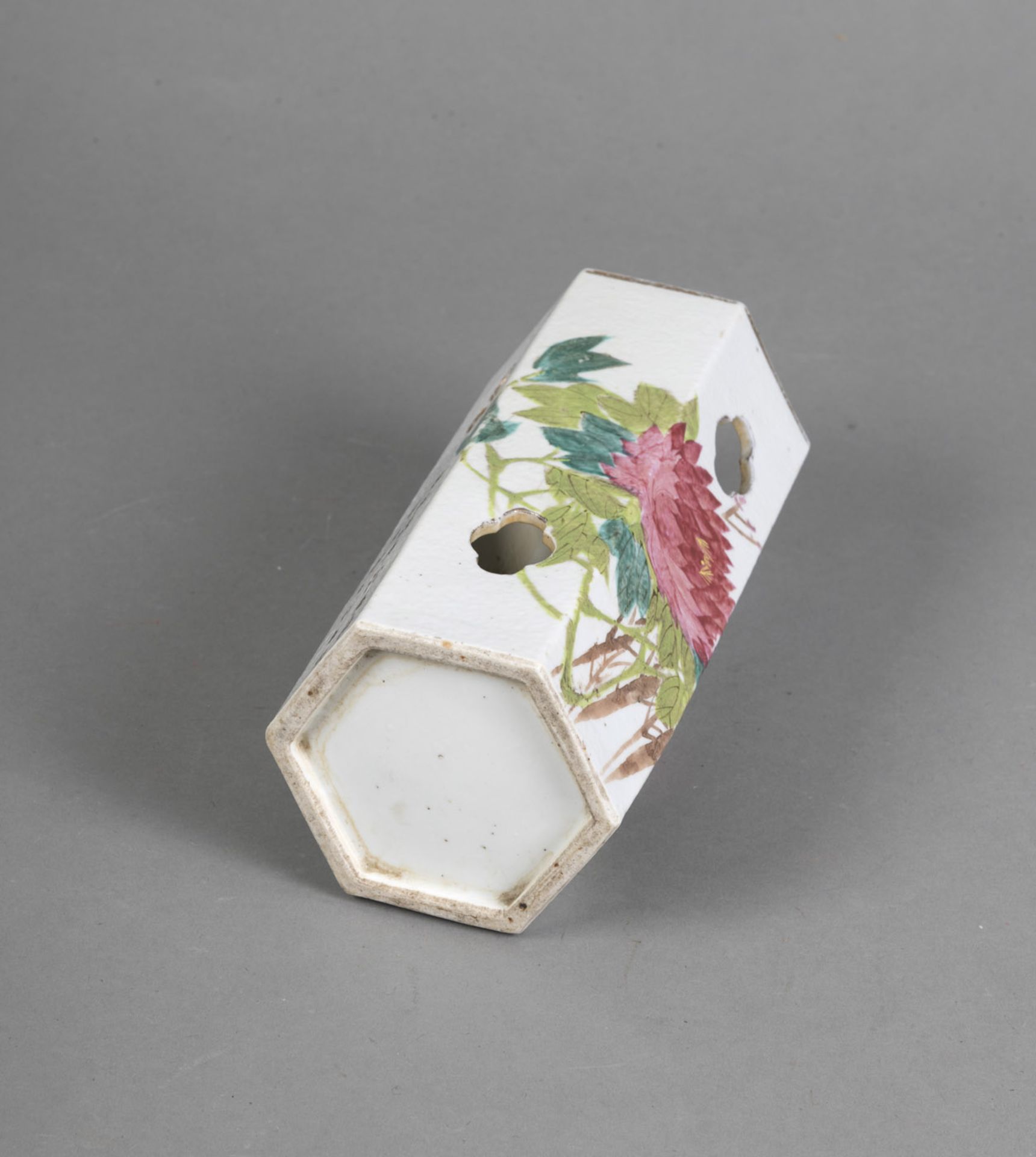 A HEXAGONAL 'FAMILLE ROSE' FLOWER AND BIRD PORCELAIN HAT STAND AND INSCRIPTIONS - Image 4 of 4