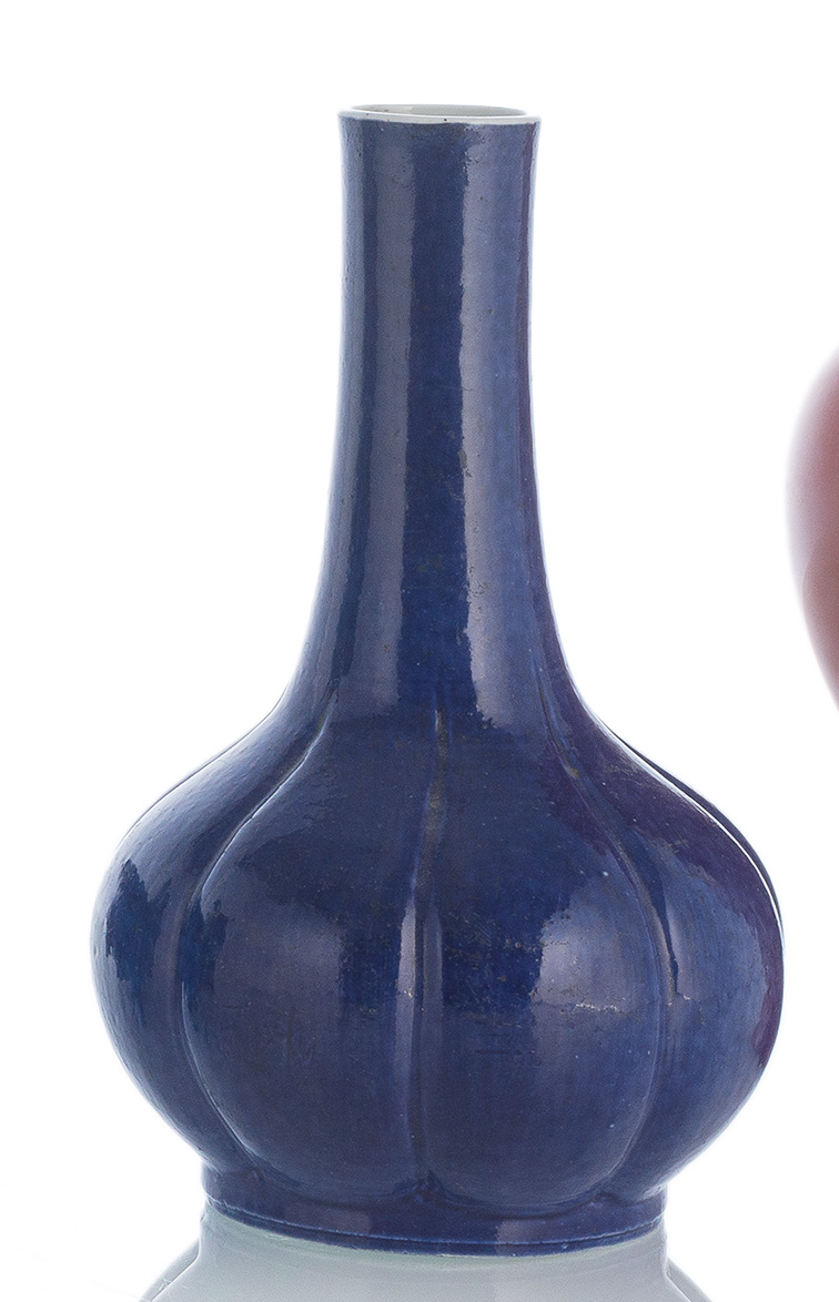 A SMALL LOBED BLUE-GLAZED PORCELAIN VASE