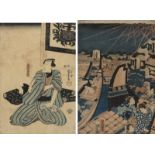 Zwei Farbholzschnitte: Teil des Triptychons 'Tōto ryōgokubashi kawabiraki han'ei' von Utagawa Kunis