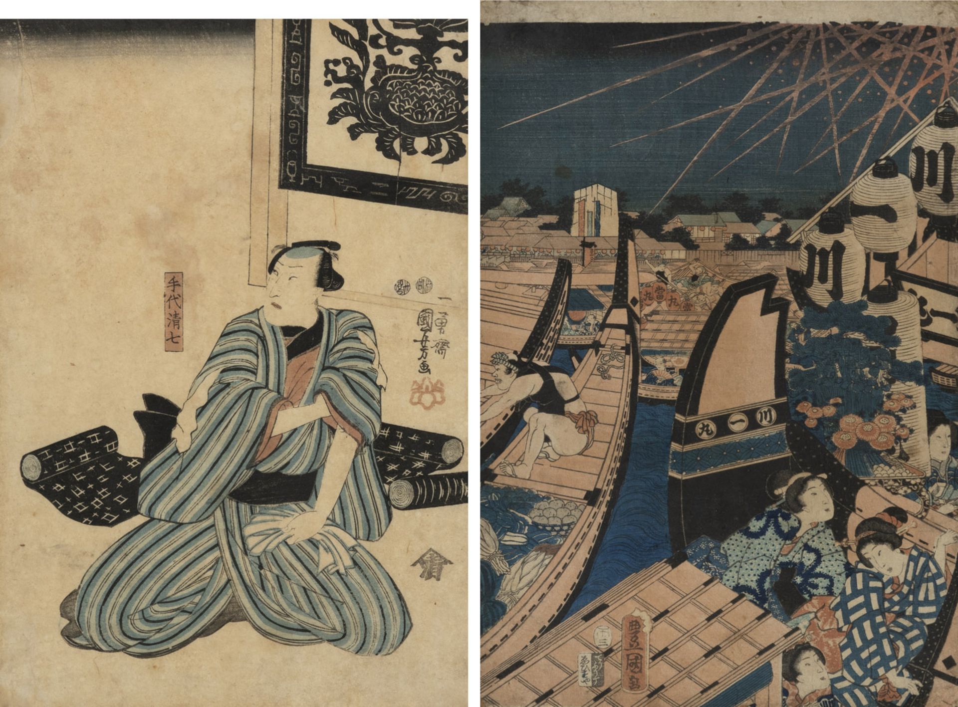 Zwei Farbholzschnitte: Teil des Triptychons 'Tōto ryōgokubashi kawabiraki han'ei' von Utagawa Kunis