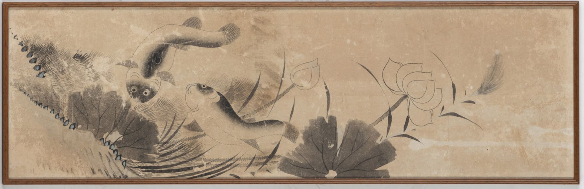 AN ANONYMOUS INK PAINTING ON PAPER DEPICTING A PAIR OF CATFISHS AND LOTUS - Image 2 of 2