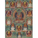 Thangka mit Darstellung der acht Buddhas der Medizin umgeben von acht Stupas