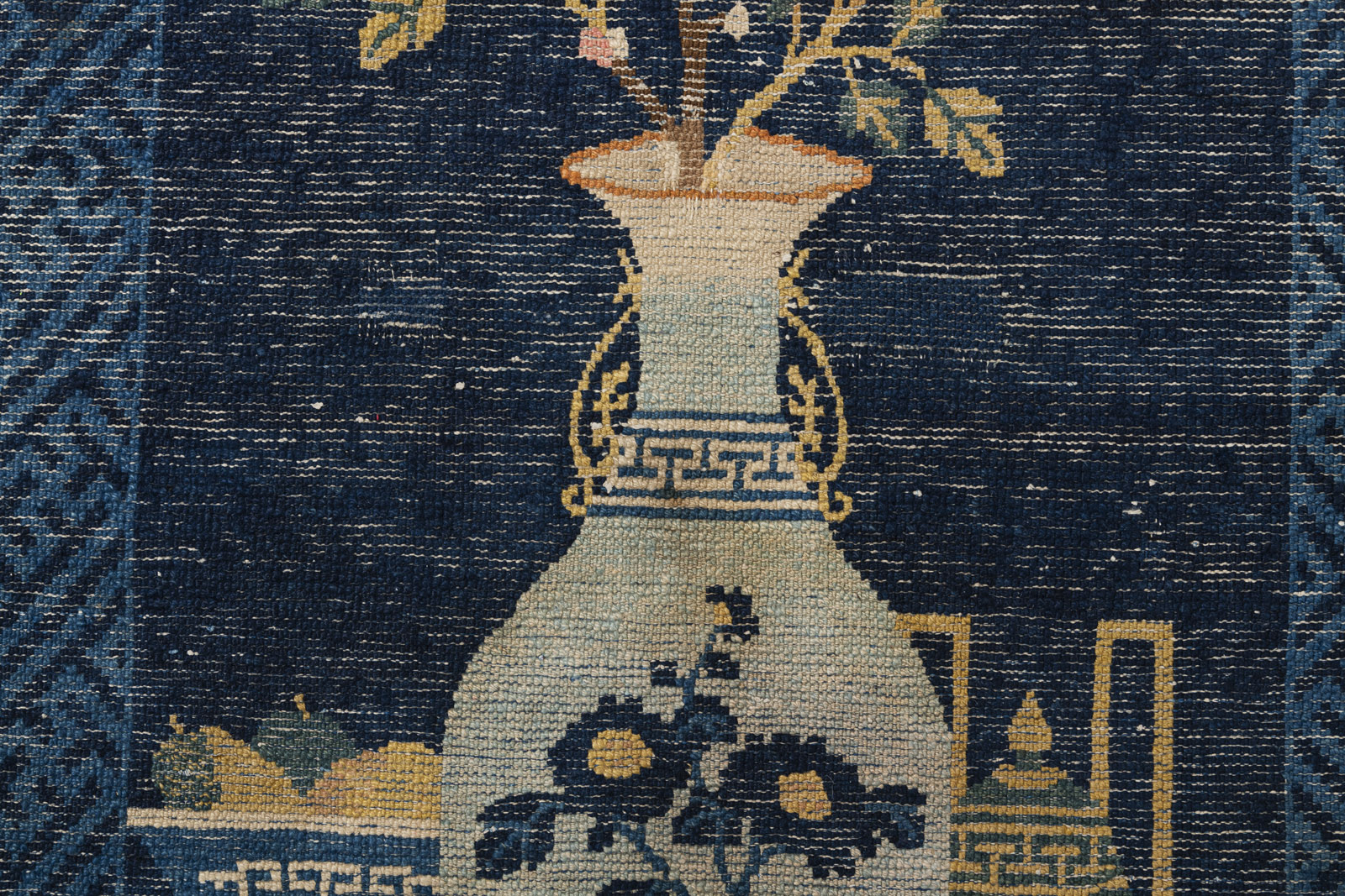 THREE DARK BLUE CARPETS DEPICTING ANTIQUES AND 'CRANE AND DEER' SYMBOLS - Image 12 of 12