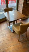 Square wooden table with two leather effect chairs