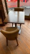 Square wooden table with two leather effect chairs