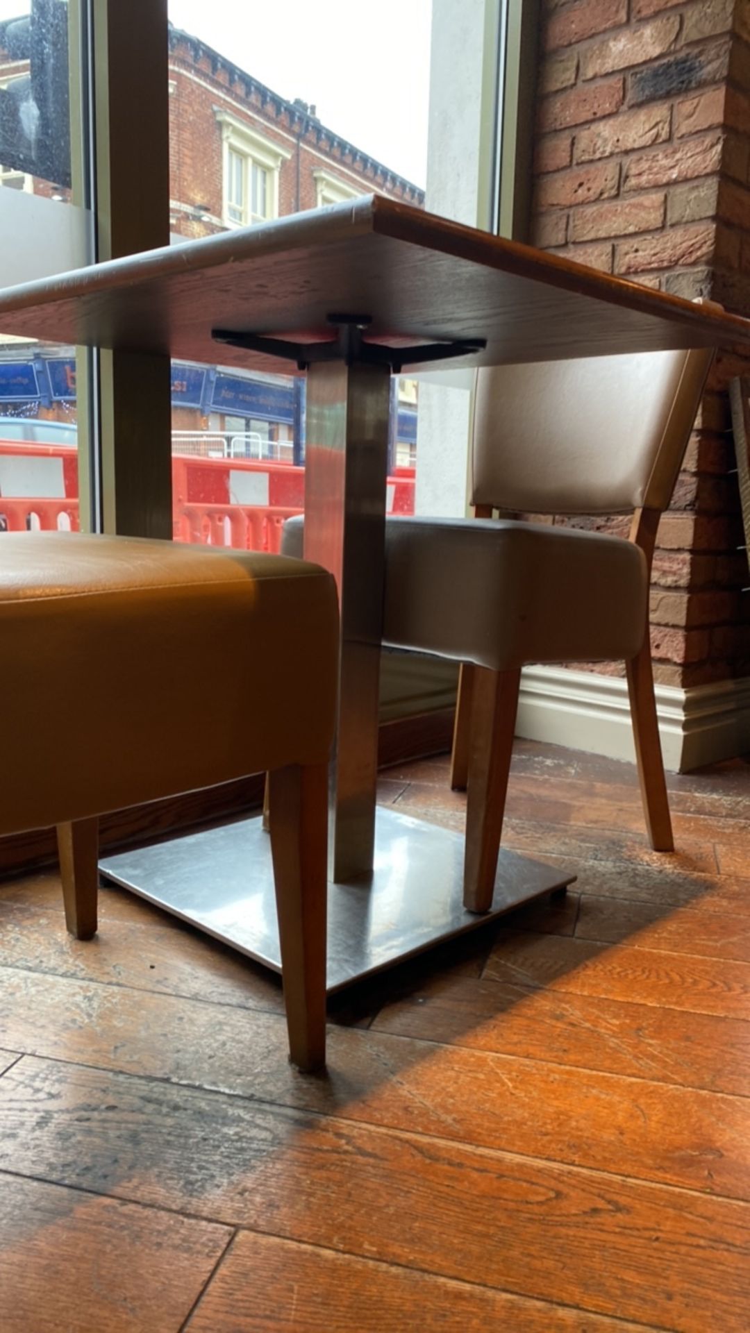 Square wooden table with two leather effect chairs - Image 3 of 4