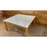 Wooden Framed Table With Glass Top And Metal Leg