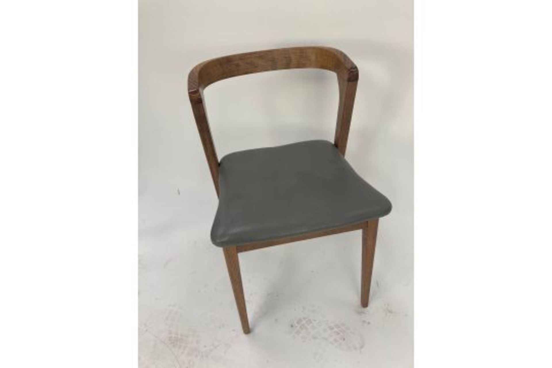 Brown and grey wood and leather seat chairs