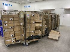 Row of 7 x pallet tower storage cages on wheels with boxes od Debenhams branded bags plus pallet ofb