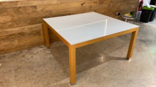 Wooden Framed Table With Glass Top And Metal Leg