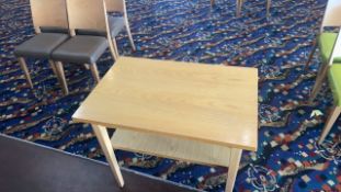 1x wooden table 2x green wooden chairs