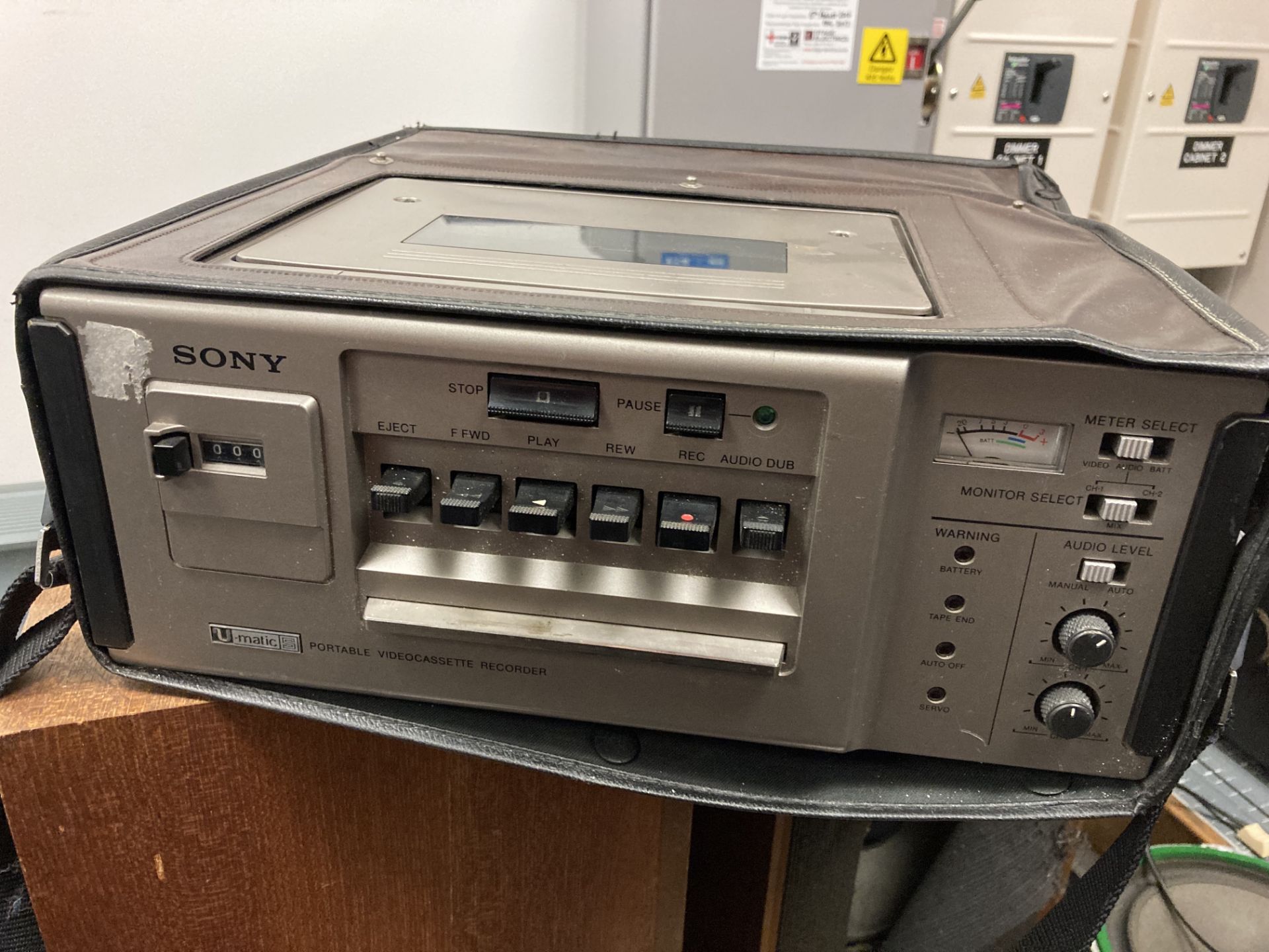 Sony U-matic portable videocassette recorder.