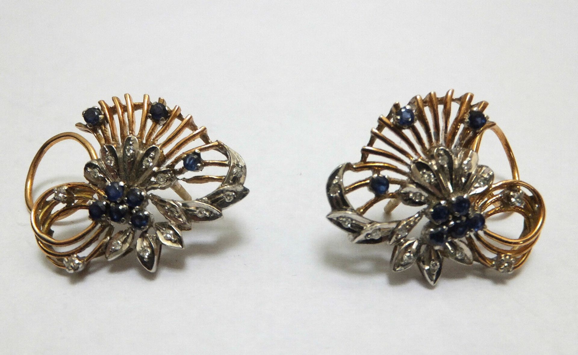 Vintage Diamond & Sapphire 14ct Gold Retro Flower Cocktail Earrings - Image 2 of 7