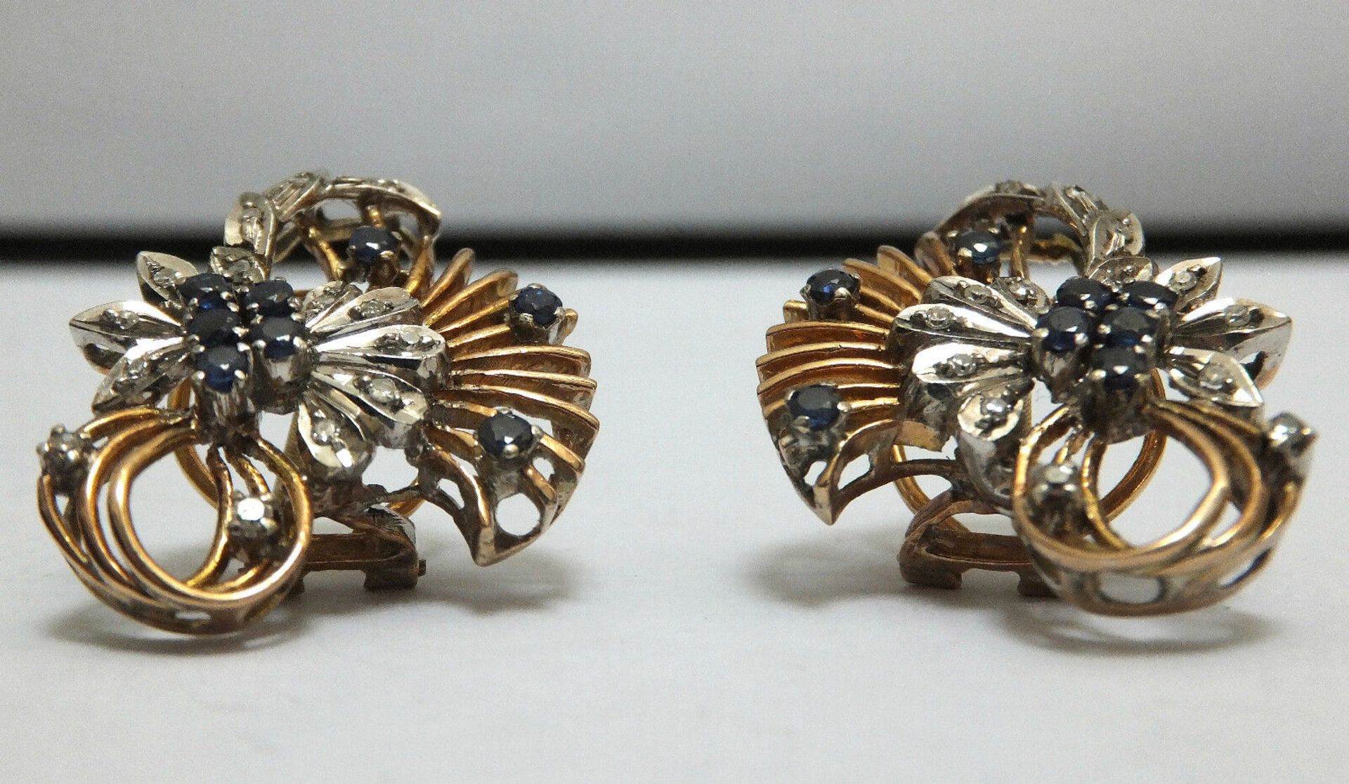 Vintage Diamond & Sapphire 14ct Gold Retro Flower Cocktail Earrings - Image 7 of 7